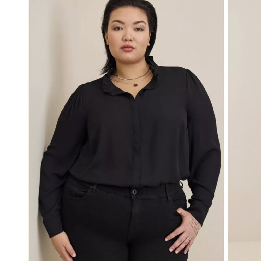 New Torrid 3X Madison Georgette Ruffle Mock Neck Button Up Shirt Preppy Office